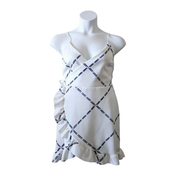 ASOS Women's Spaghetti Strap Wrap Mini Dress • Ruffle Hem • White & Blue • 14 XL - Picture 1 of 8
